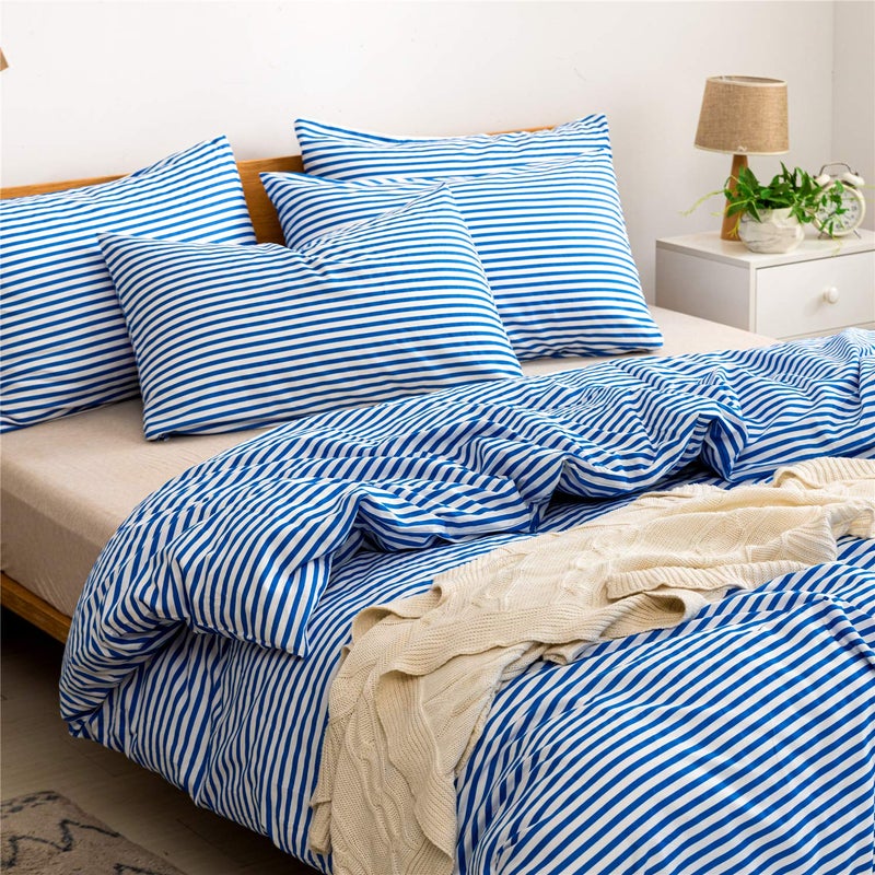 JELLYMONI 100% Natural Cotton 3pcs Striped Duvet Cover Sets,White Duvet Cover with Blue Stripes Pattern Printed Comforter Cover,with Zipper Closure & Corner Ties(Queen Size) - Image 3